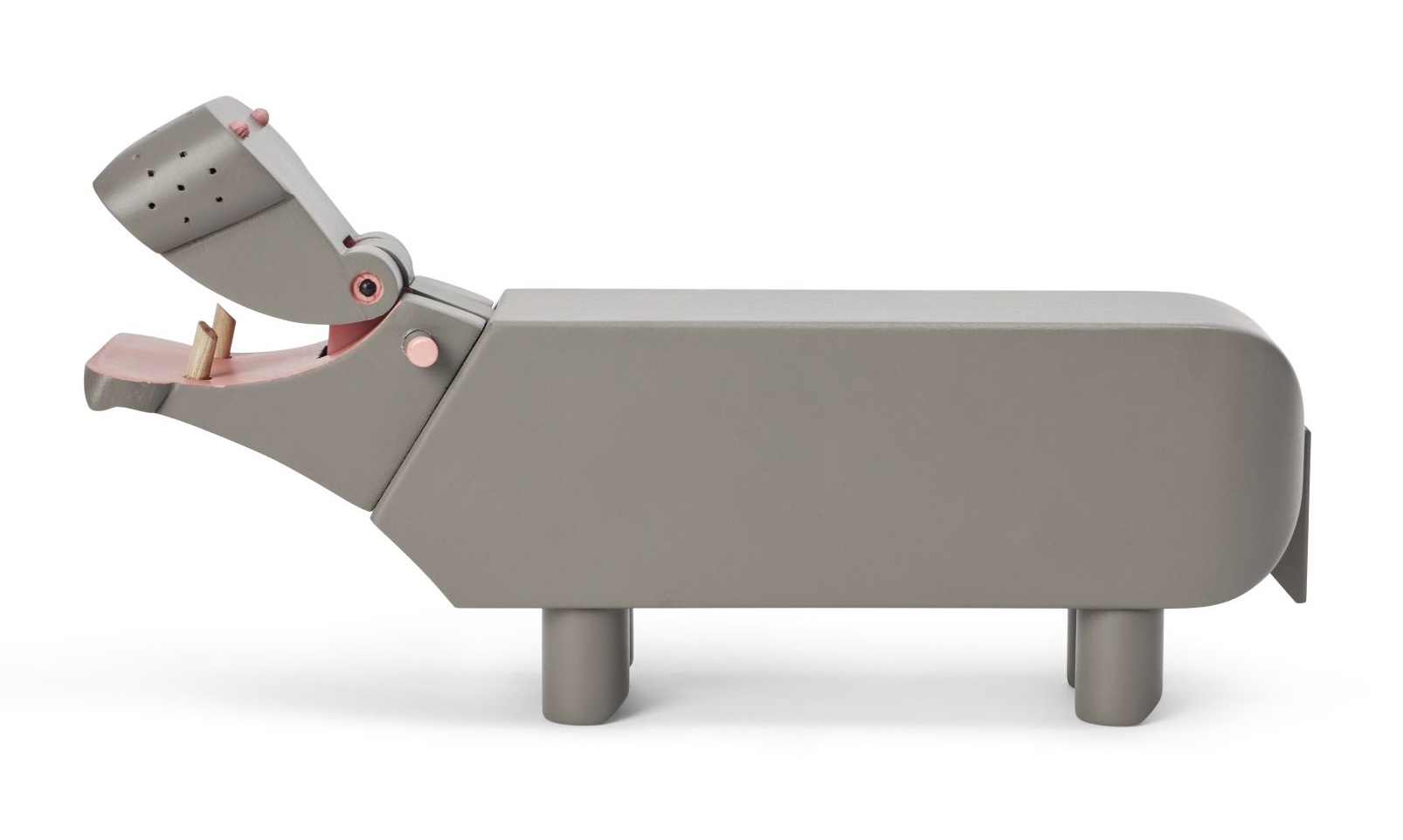 Graues Holz-Flusspferd von Kay Bojesen, 9 cm hoch, mit offenem Maul und Stoßzähnen.