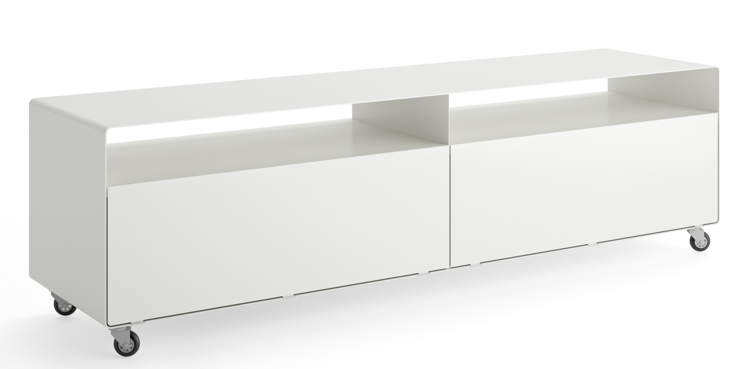 Weißes R110 Sideboard von Müller Möbelfabrikation mit Rollen, modernes Design für Wohnzimmer und Büro.
