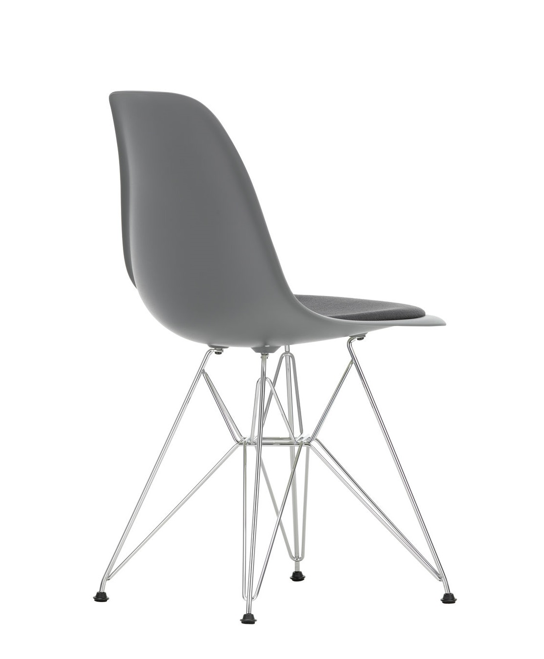 Grauer Eames Plastic Side Chair DSR Stuhl mit Sitzpolster und verchromtem Eiffelgestell von Vitra.