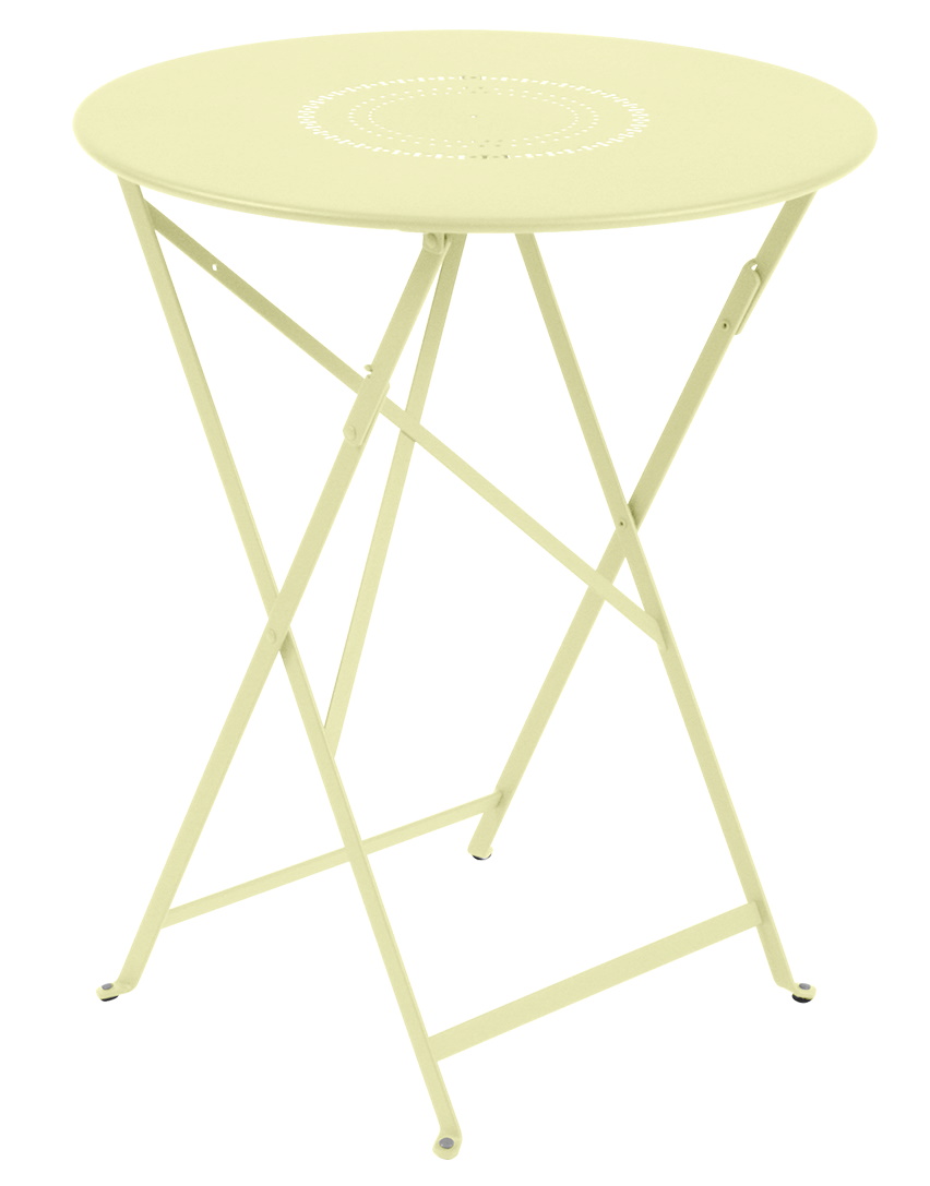 Gelber Floréal Tisch von Fermob für den Außenbereich, runder Gartentisch mit filigranem Muster.