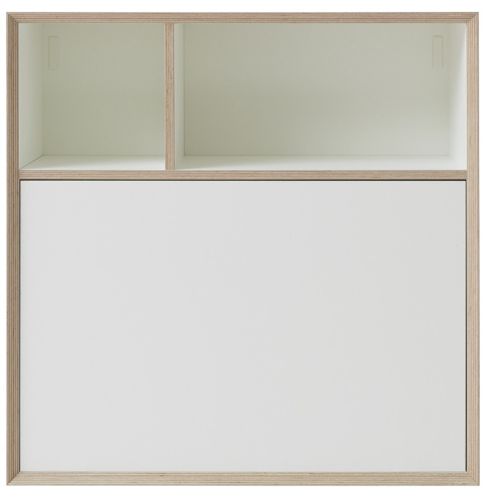 Vertiko Ply Five Wandsekretär von Müller Möbelwerkstätten, weißes Regal mit zwei Fächern und Klappe.