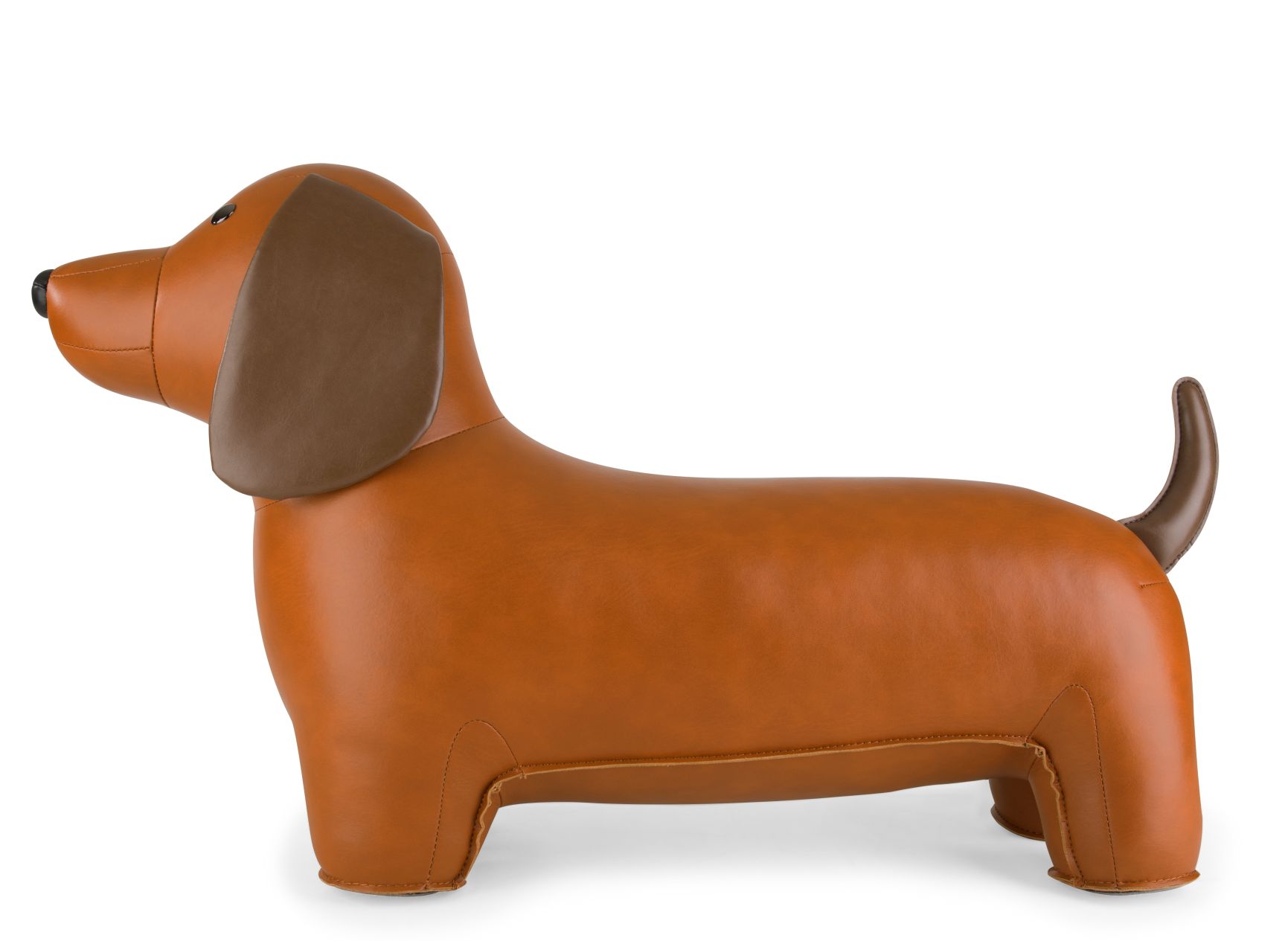 Brauner Stool Teckel Hocker in Form eines Dackels aus Kunstleder, seitliche Ansicht.