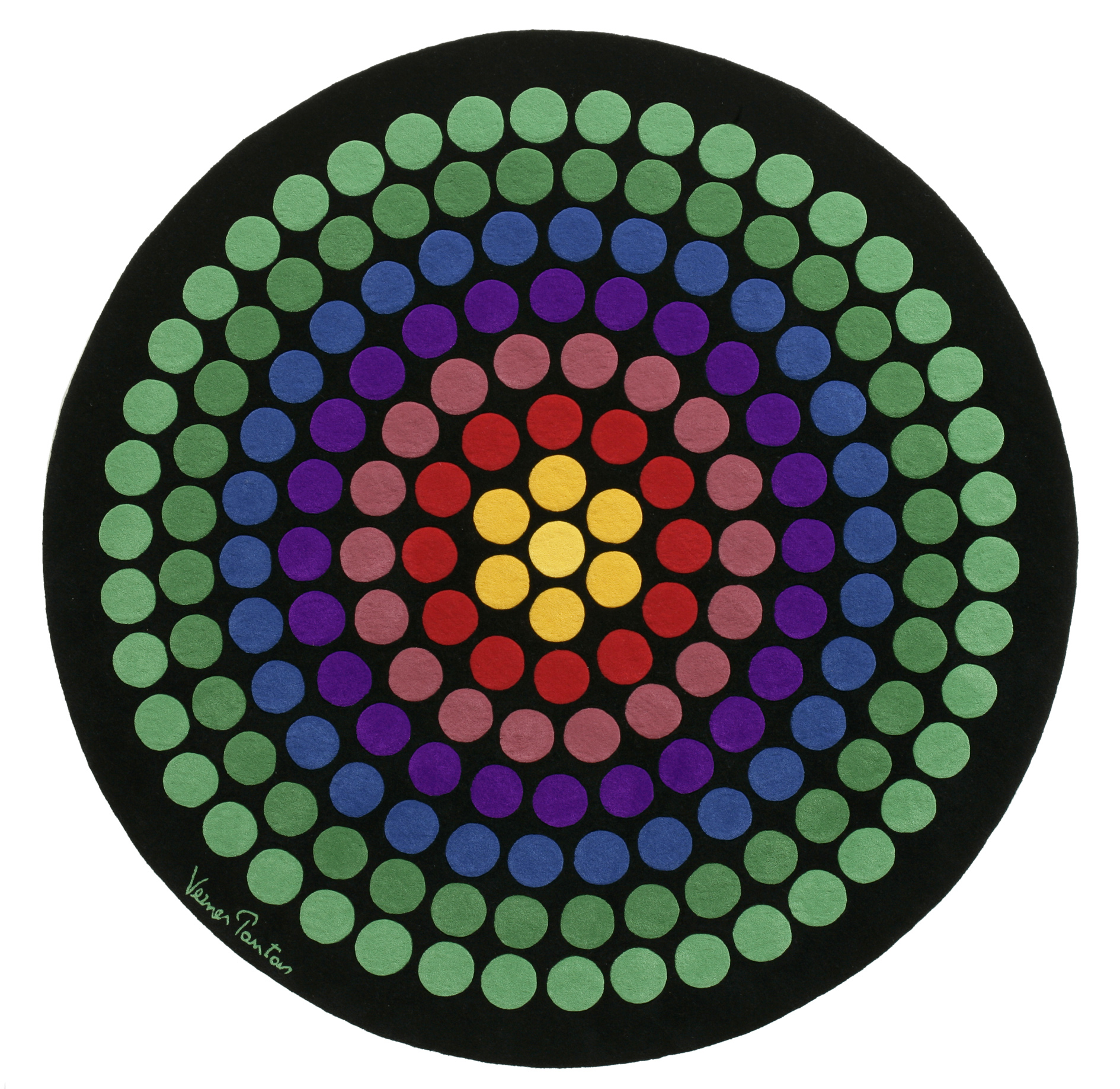 Runder Panton Teppich mit farbenfrohem Punktmuster auf schwarzem Grund. Designercarpets Teppich für Wohnraum.