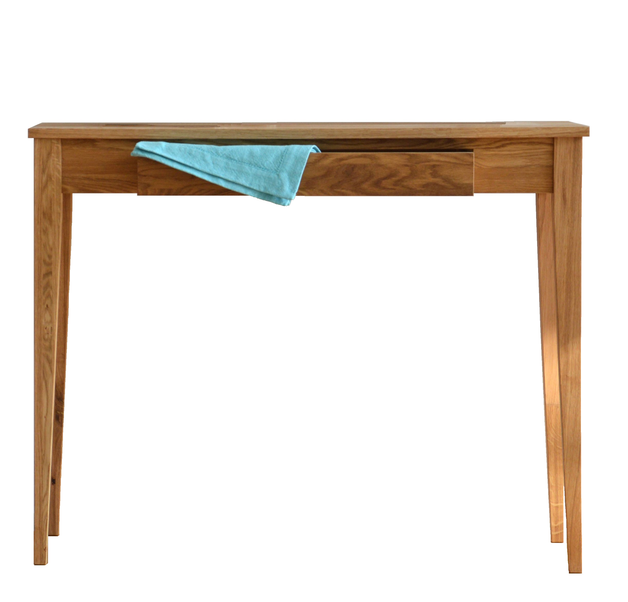 Bonny Beistelltisch von Jan Kurtz aus hellem Holz mit Schublade und blauem Tuch.