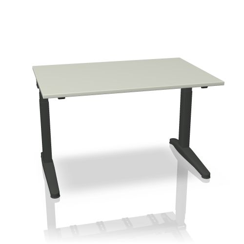 Steelcase Ology Sitz-Steh-Tisch mit hellgrauer Tischplatte und dunklem Gestell für ergonomisches Arbeiten.