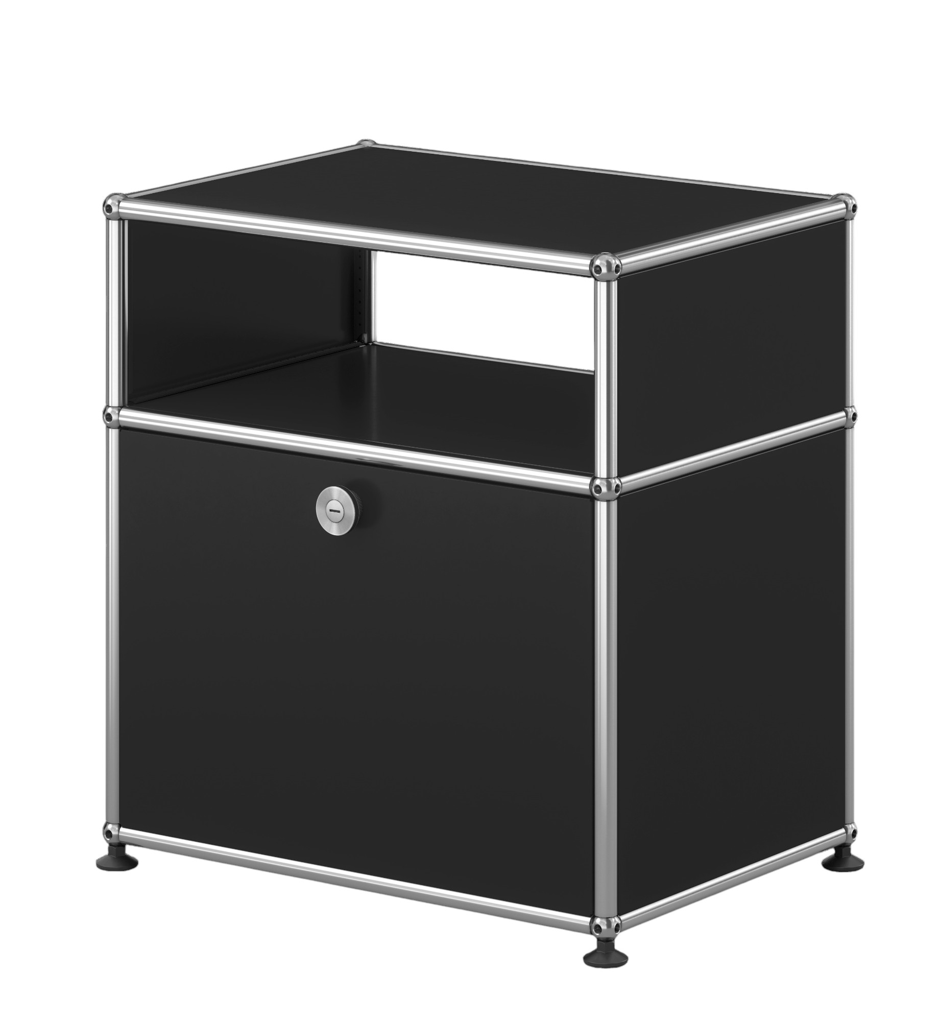 Schwarzer USM Haller Nachttisch mit Klapptür und offenem Fach, modernes Schlafzimmermöbel.