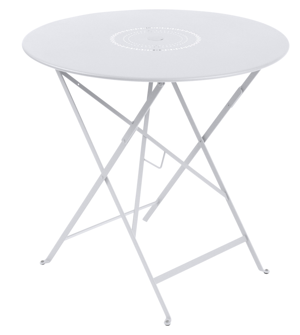 Weißer Floréal Tisch von Fermob für den Außenbereich, runder Gartentisch mit filigranem Lochmuster.