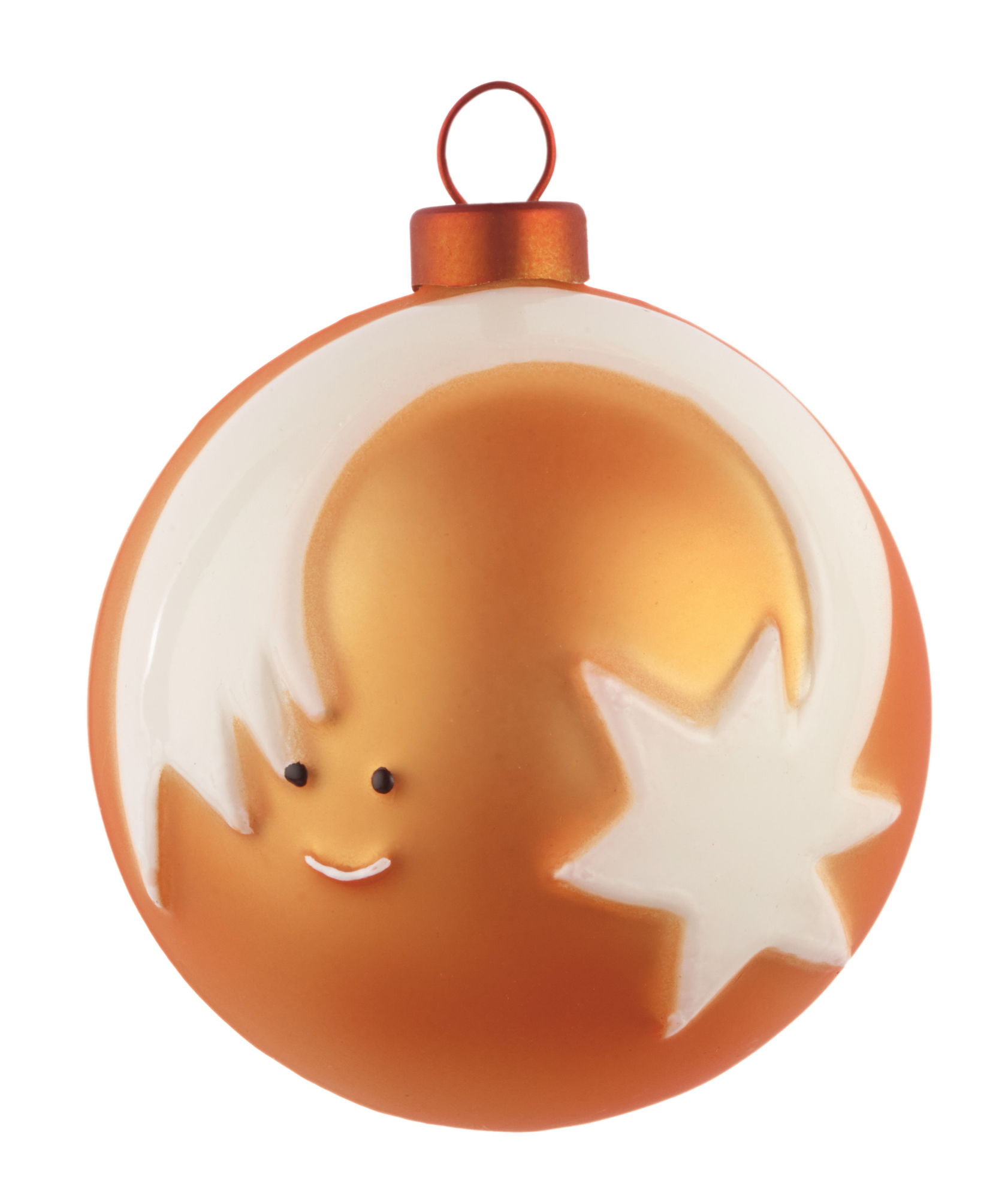 Goldene Alessi Weihnachtskugel mit weißem Stern und Gesicht, festliche Weihnachtsdekoration.
