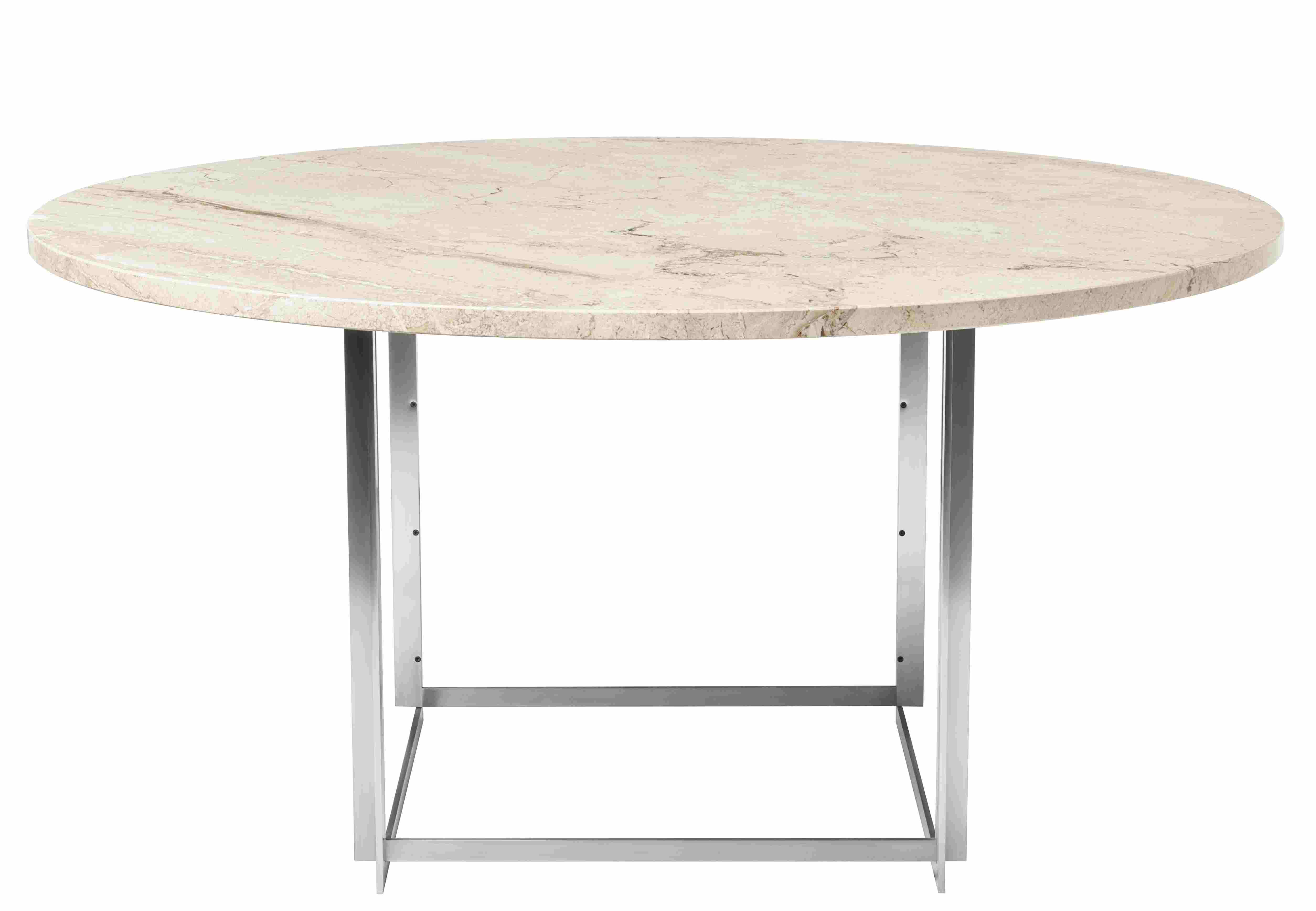 PK54 Esstisch von Fritz Hansen mit runder Marmorplatte und verchromtem Stahlgestell. Designklassiker für Esszimmer.