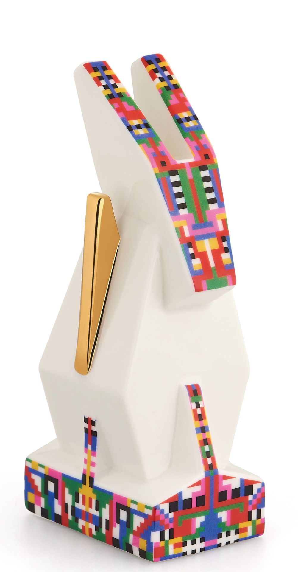 Alessi Esel Porzellanfigur, weiß mit bunten Pixelmustern und goldenem Detail, dekorative Design-Figur.