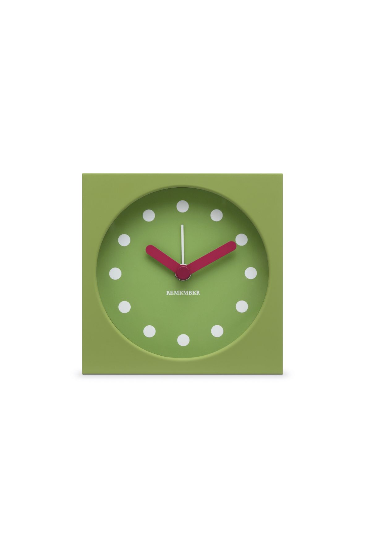 Grüne Remember Tischuhr mit Wecker, quadratisches Design, roten Zeigern und weißen Punkt-Markierungen.