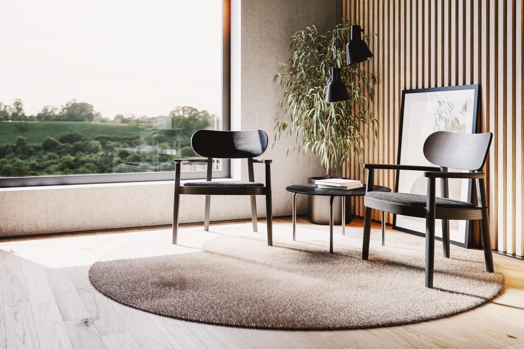 Schwarzer Holzsessel mit Armlehnen, Modell 119 MF von Thonet, im modernen Wohnzimmer. Designstuhl für Esszimmer oder Büro.