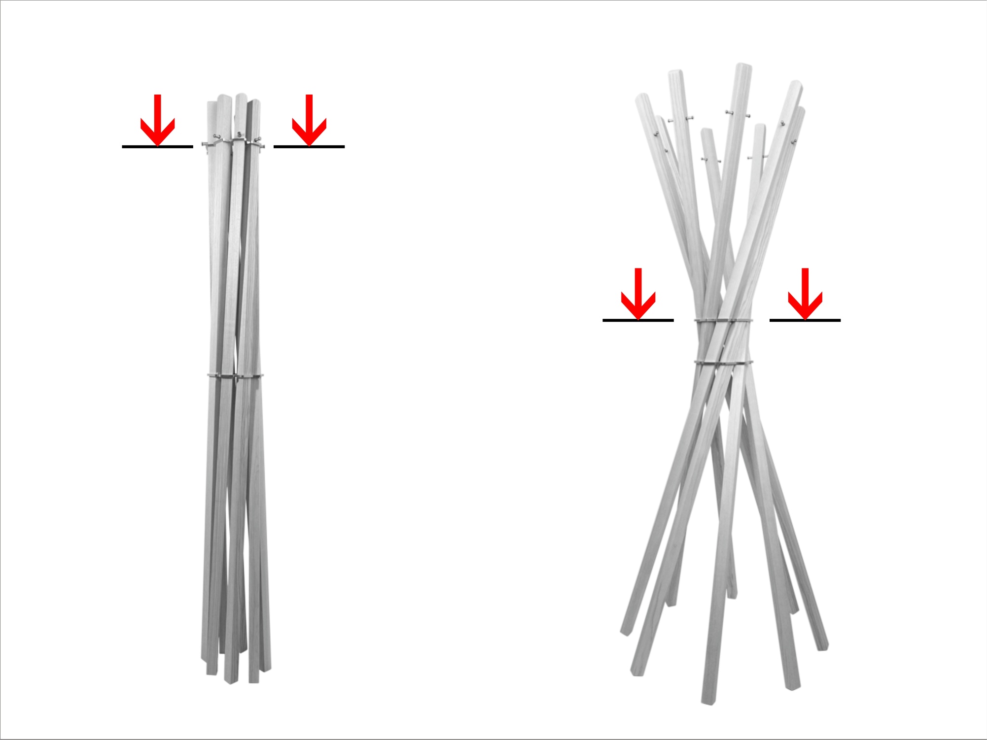 Marilyn Garderobenständer von Keilbach Designprodukte: Vorher-Nachher-Ansicht des Aufbaus mit acht Holzstäben.
