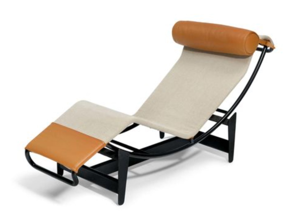 Cassina Chaise Longue mit verstellbarer Liegefläche aus Leinen und Leder. Designklassiker.