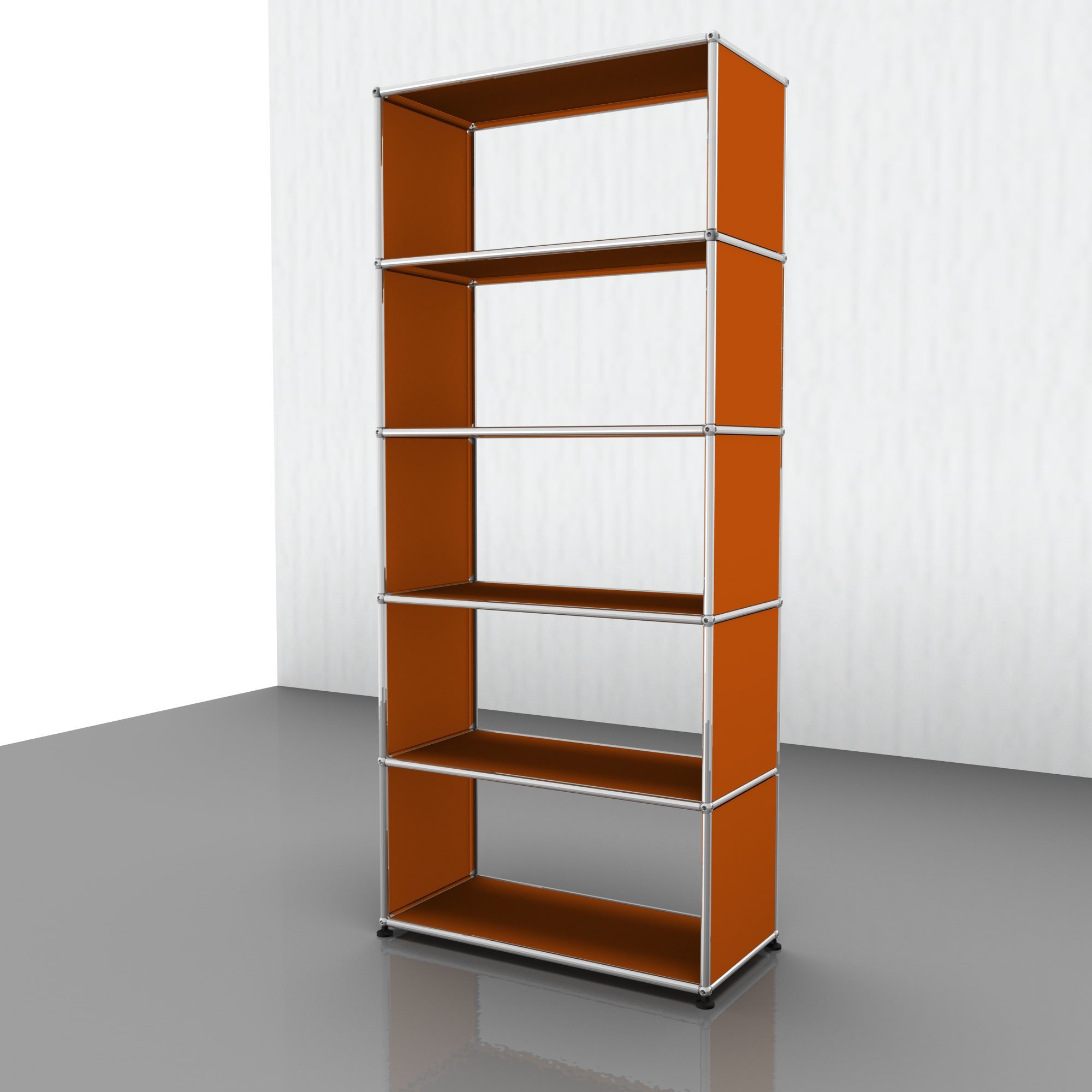 USM Haller Regal in Reinorange mit fünf Fächern und verchromtem Gestell, modernes modulares Design.