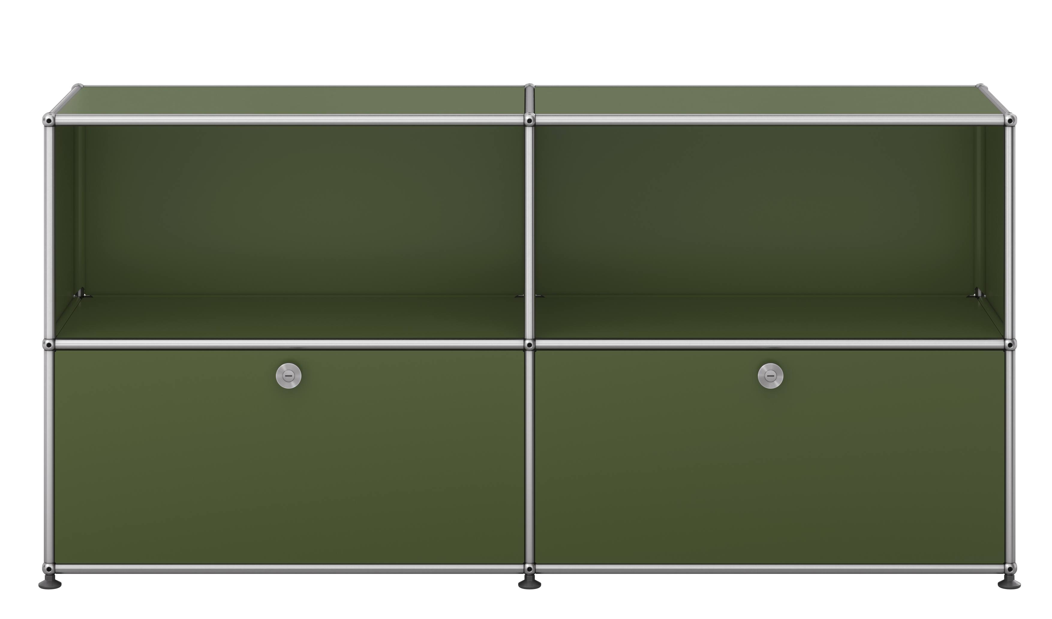 USM Haller Sideboard in Olivgrün mit zwei Klappen, modernes modulares Möbeldesign für Wohnzimmer und Büro.