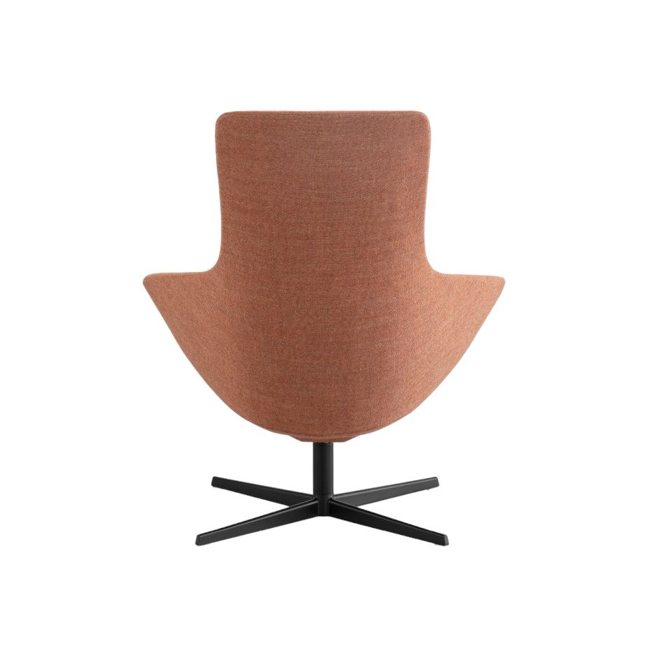 Wing Tip S281 Sessel La Palma, Stoffbezug in Braun, mit schwarzem Drehfuß, von hinten.