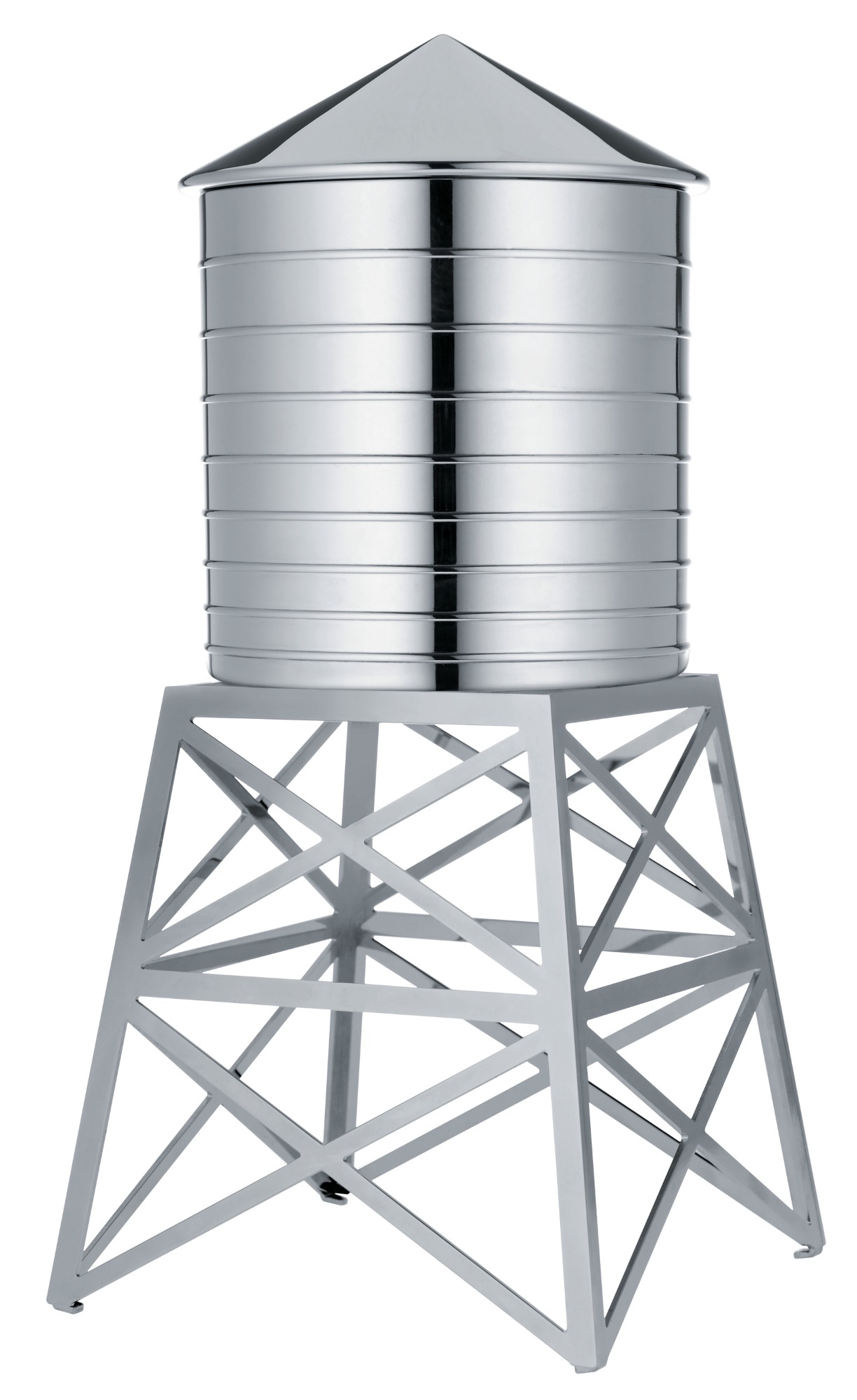 Alessi DL02 Water Tower Küchenbehälter aus Edelstahl auf einem filigranen Metallgestell.