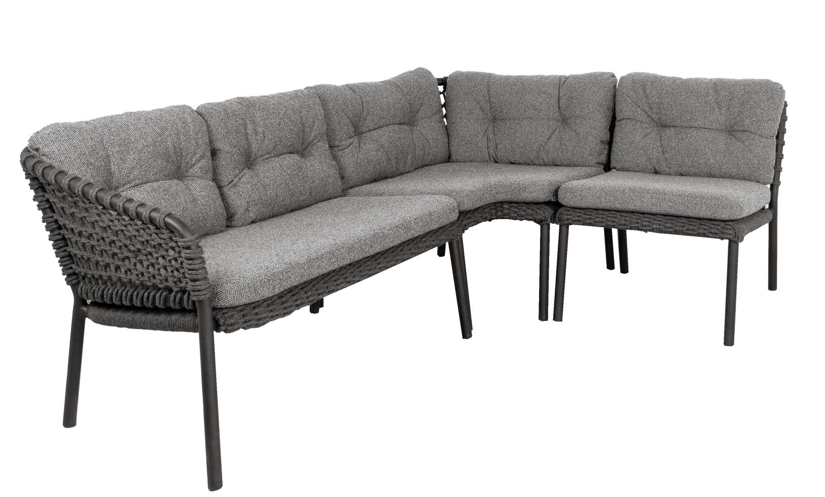Graues Cane-Line Ocean Eckmodul Sofa für den Außenbereich mit Kissen und Flechtstruktur.