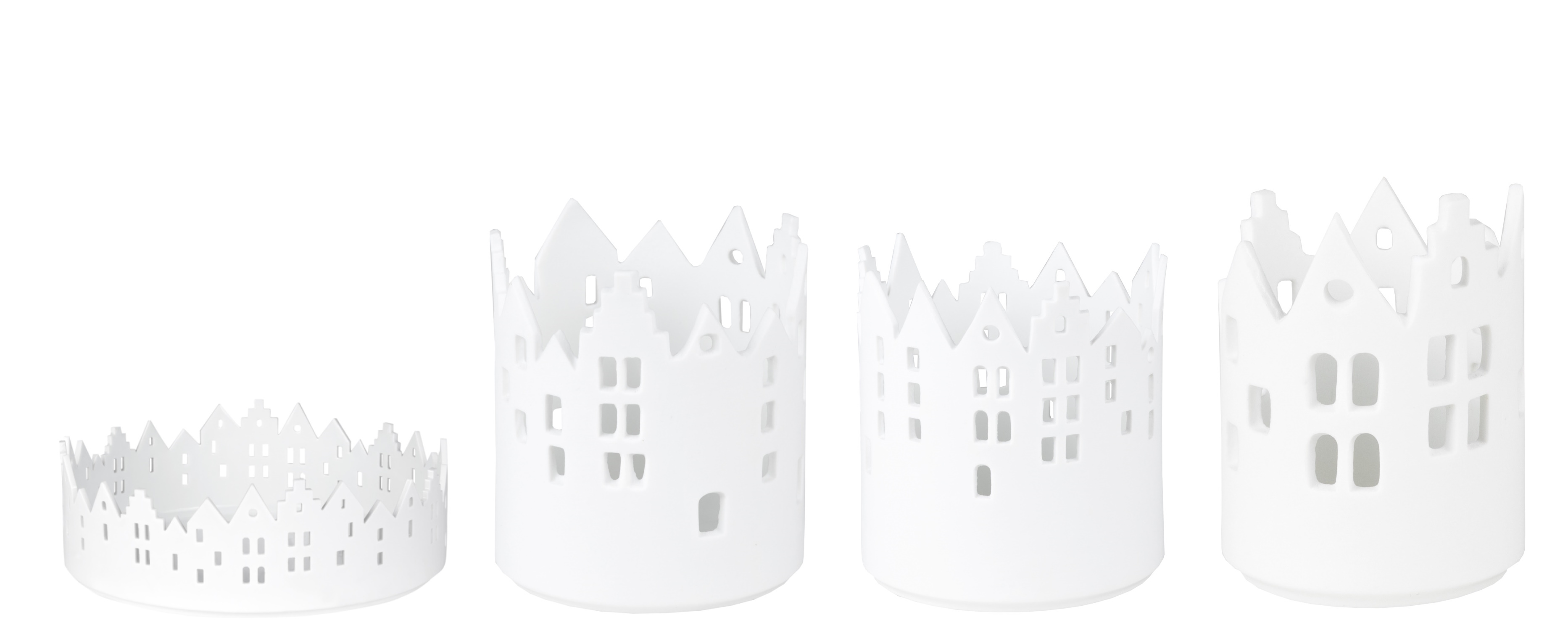 Vier weiße Räder Zuhause Lichthäuser im Stadtlichter Design, dekorative Teelichthalter für stimmungsvolle Beleuchtung.