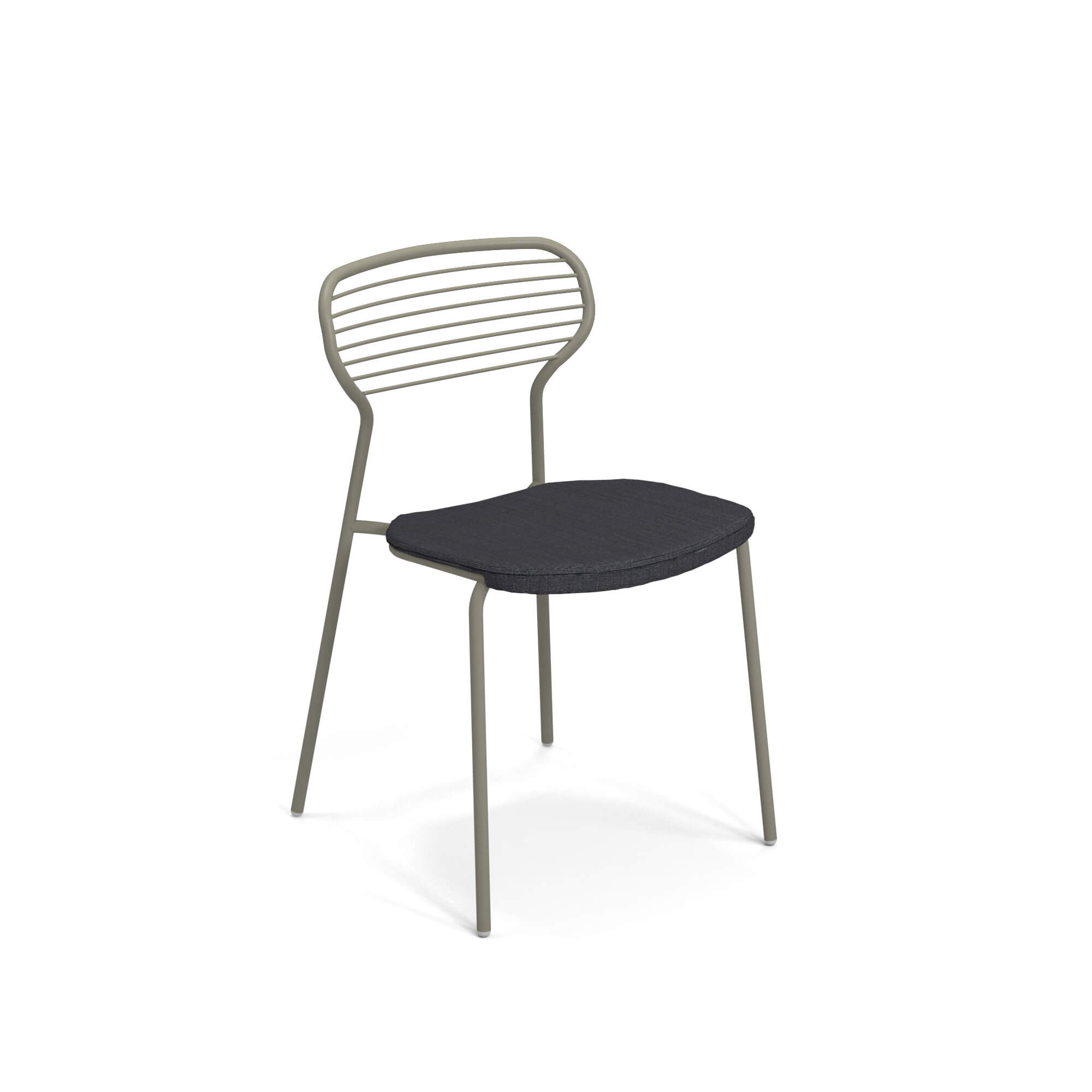 Emu Apero Stuhl mit grauem Metallgestell und dunkelgrauem Sitzkissen, Gartenstuhl für Outdoor.