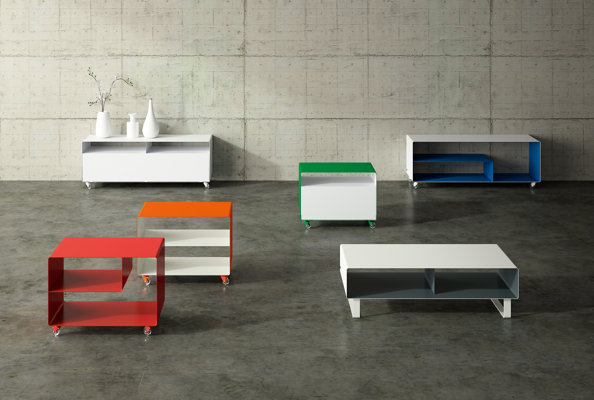 R 108N Mobile Line Sideboards von Müller Möbelfabrikation in verschiedenen Farben und Ausführungen auf Rollen.