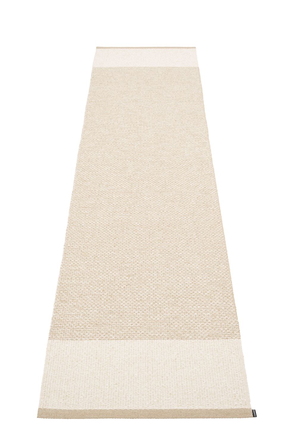 Beiger Pappelina Teppich "Edit" 70x300cm, ein schmaler Läufer mit hellen Streifen an den Enden.