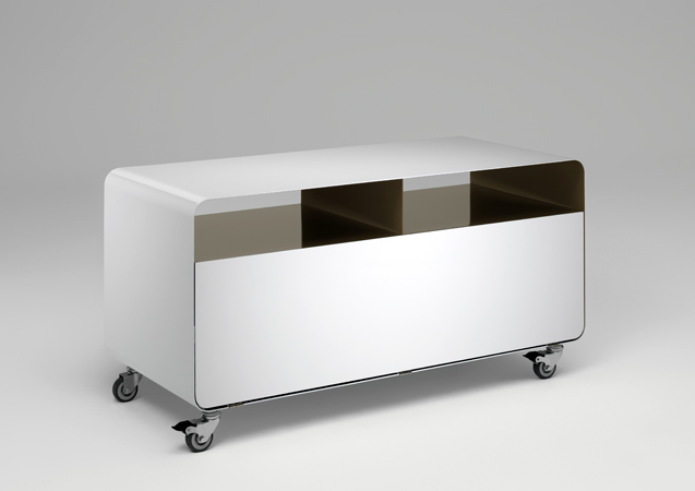 Weißes R 108N Sideboard von Müller Möbelfabrikation mit Rollen, Schublade und offenen Fächern. Modernes Möbelstück.