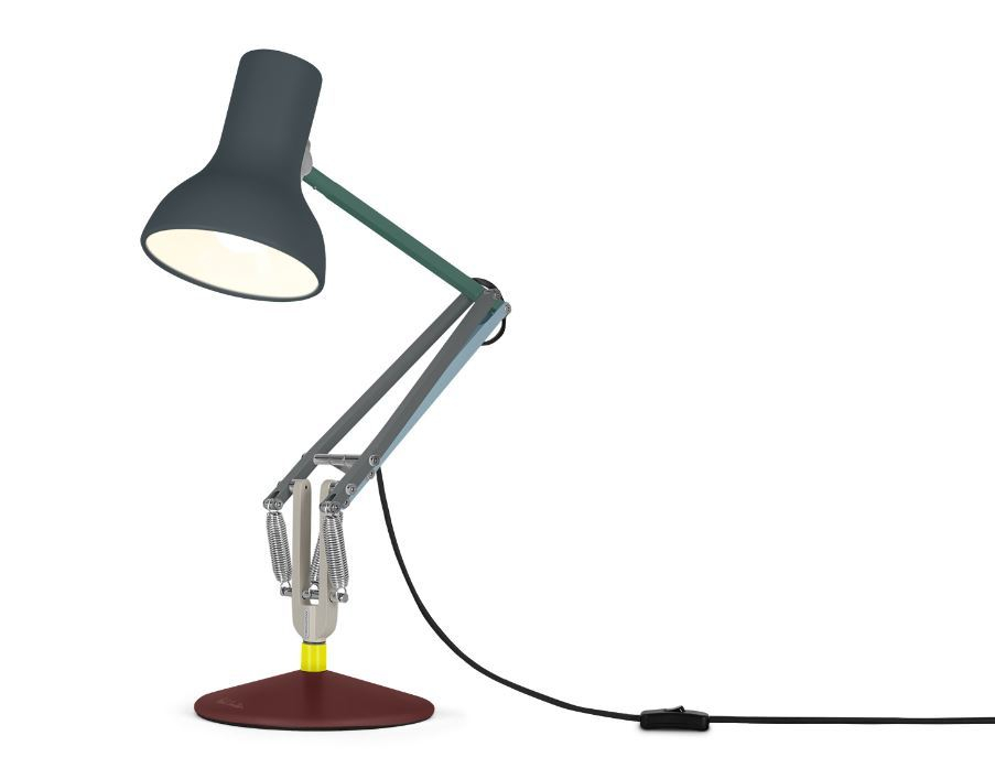 Anglepoise Type 75 Mini Paul Smith Edition 4 Tischleuchte, grauer Lampenschirm, mehrfarbiger Fuß, flexible Schreibtischlampe.