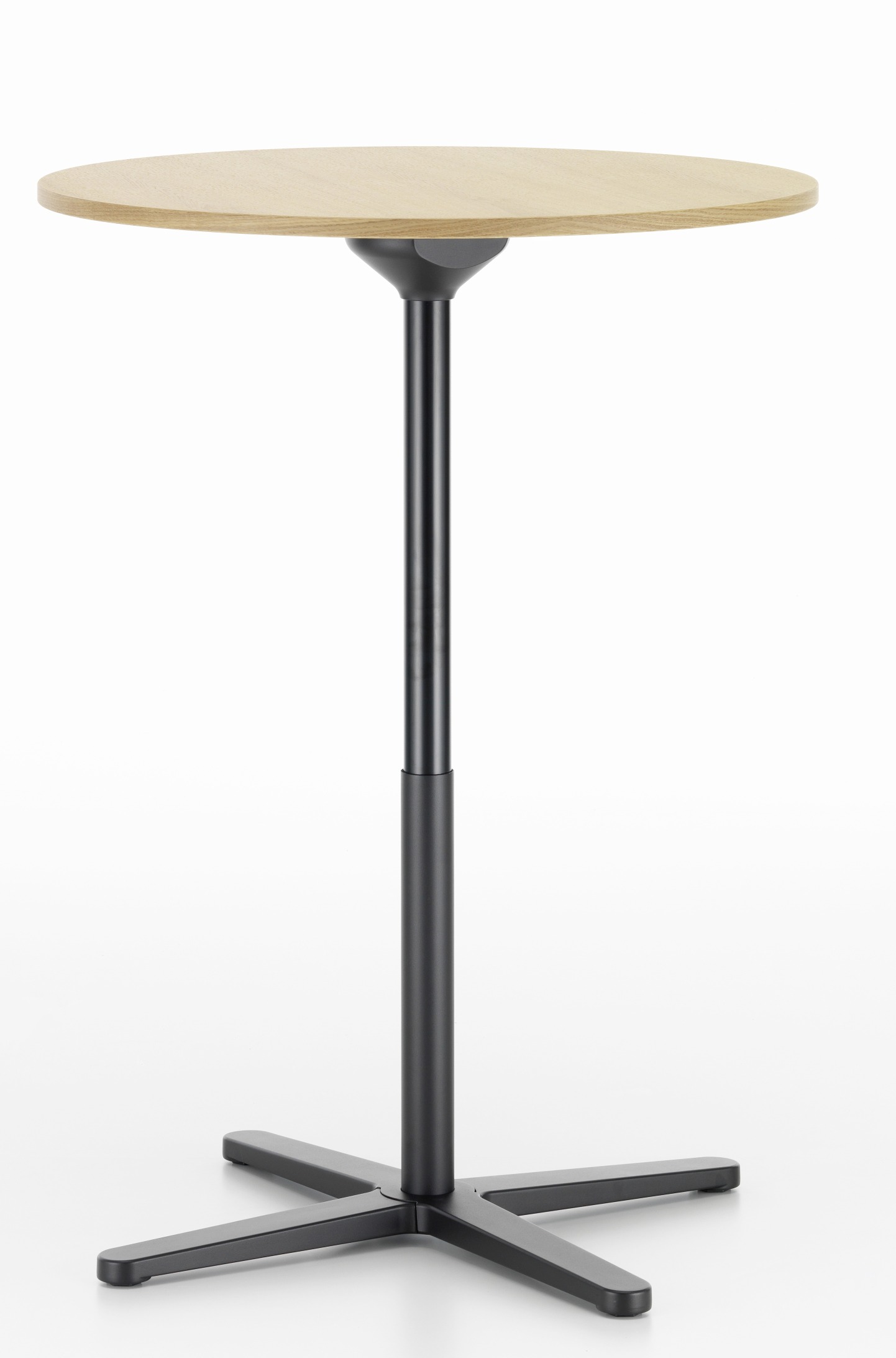 Vitra Super Fold Table: Runder, faltbarer Stehtisch mit hellem Holz und schwarzem Fuß.