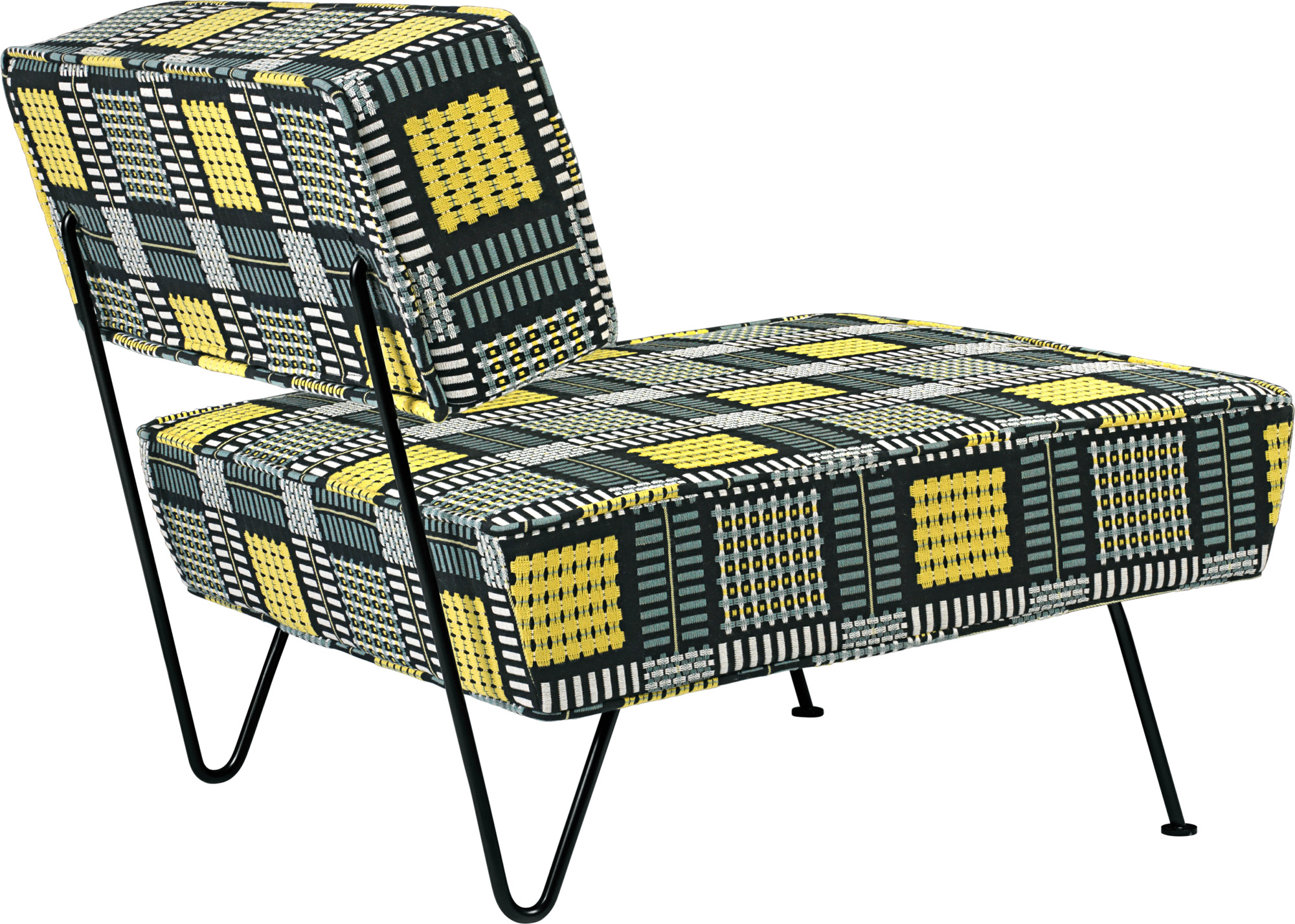 GT Lounge Chair Sessel mit gemustertem Stoffbezug in Gelb, Schwarz und Weiß auf schlanken, schwarzen Beinen.