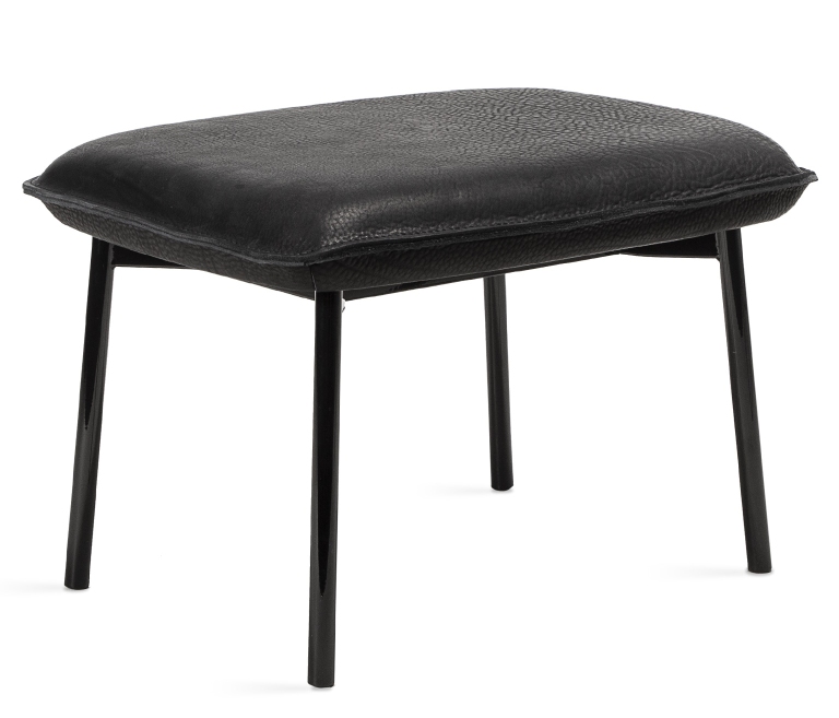 Schwarzer Grace Ottoman von Freifrau Manufaktur mit Lederbezug und filigranem Metallgestell. Fußhocker für Wohnzimmer.