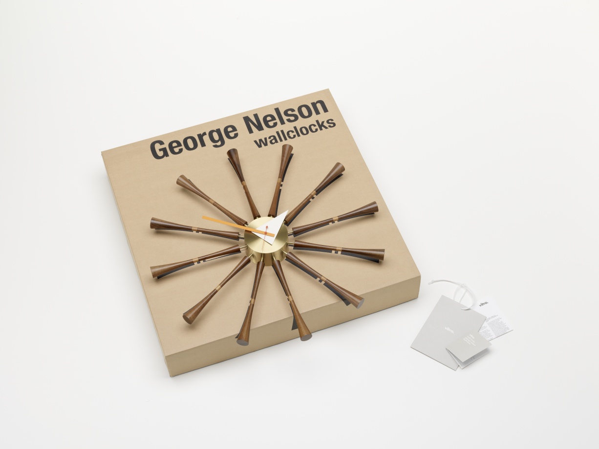 Vitra Spindle Clock Wanduhr auf Verpackung, Design-Klassiker von George Nelson, moderne Wanddekoration.