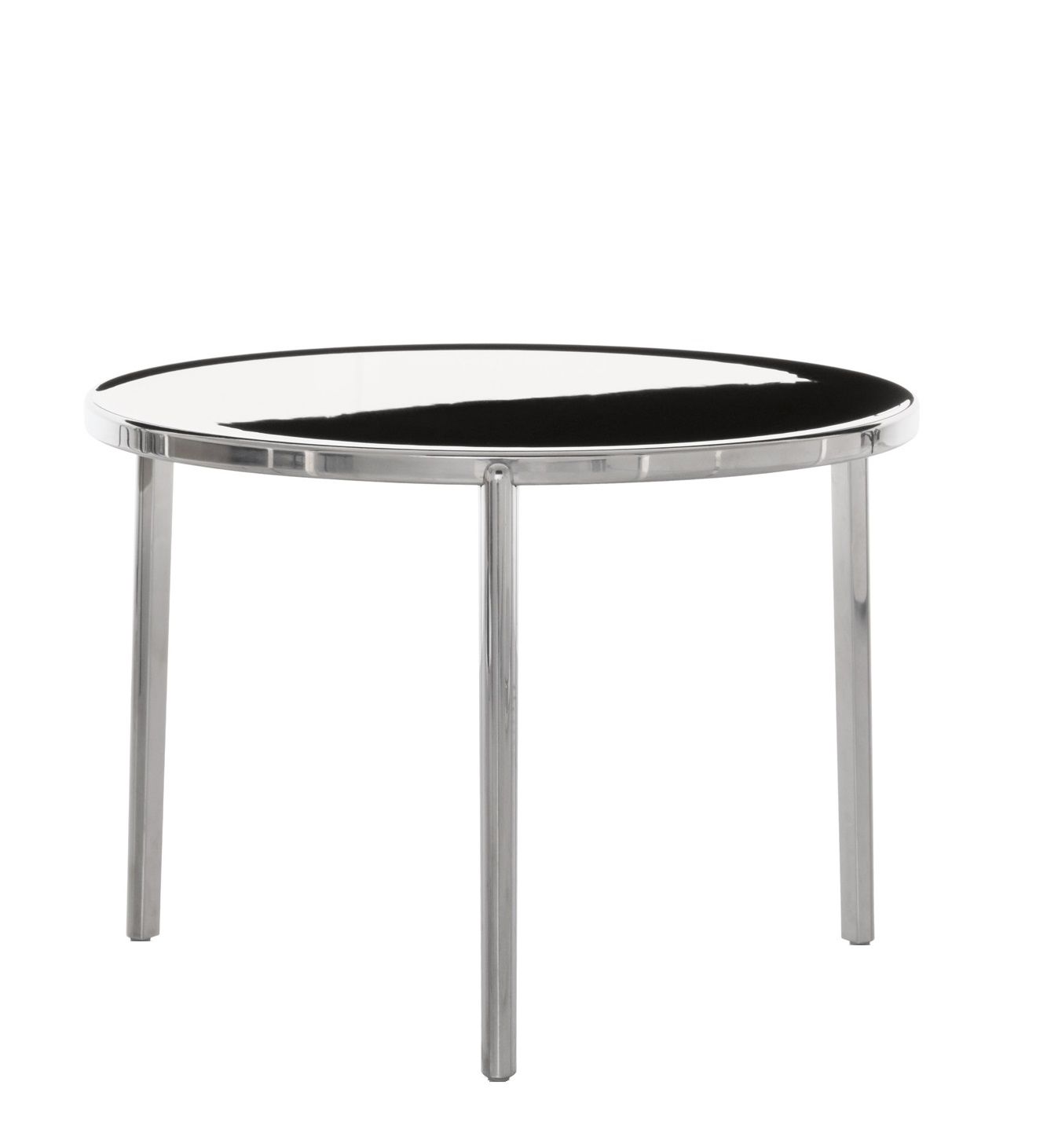 Magis Tambour Beistelltisch mit runder Tischplatte in Kuhfelloptik und drei silbernen Metallbeinen.