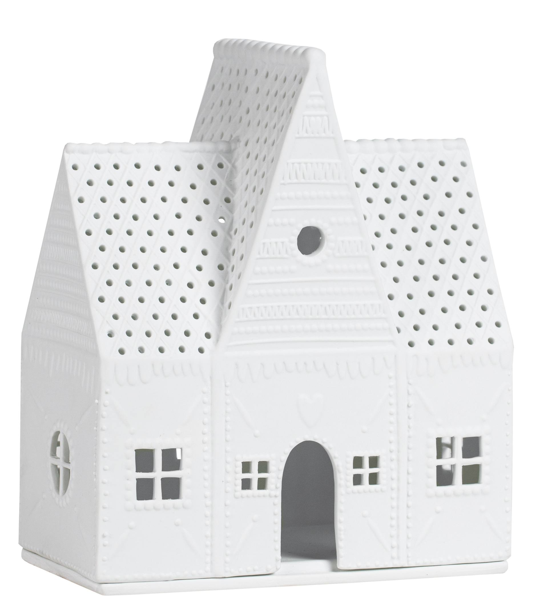 Detailaufnahme eines weißen Lebkuchenhaus-Lichthauses aus dem Zuhause Lichthaus 3er-Set, weihnachtliche Dekoration.