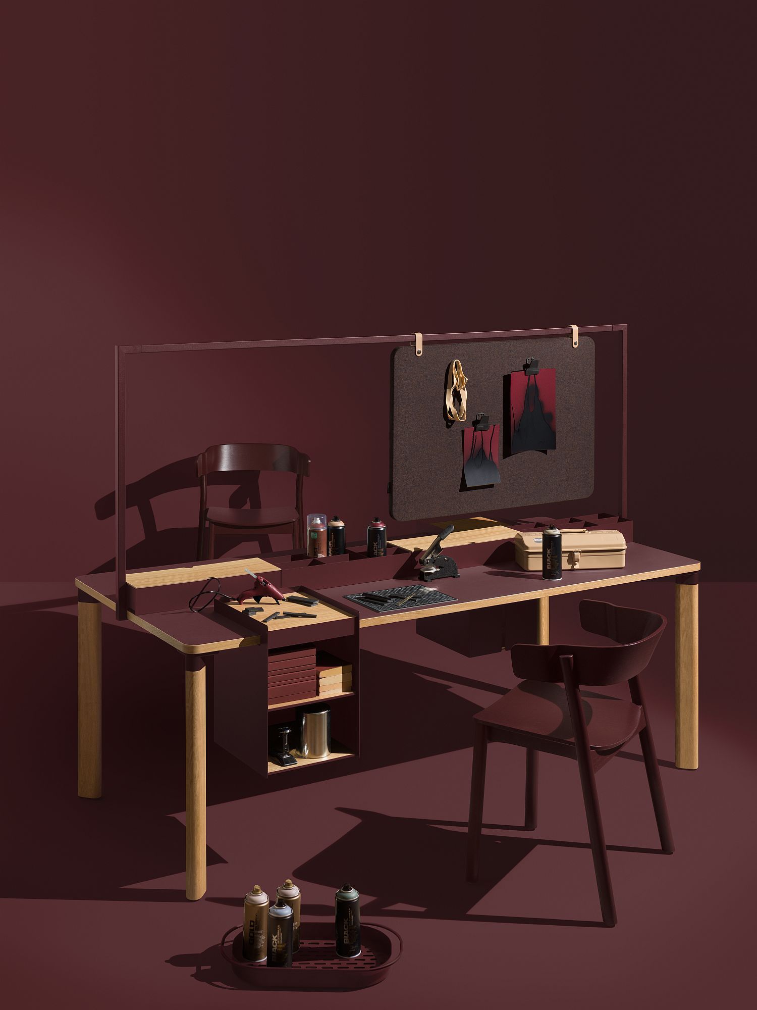 Enfold Table / Work Table von Mizetto: Burgunderroter Schreibtisch mit Holzbeinen und Zubehör.