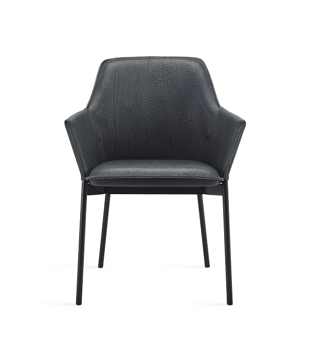 Grace Armlehnstuhl von Freifrau Manufaktur, graues Leder, schwarzes Metallgestell, moderner Esszimmerstuhl.