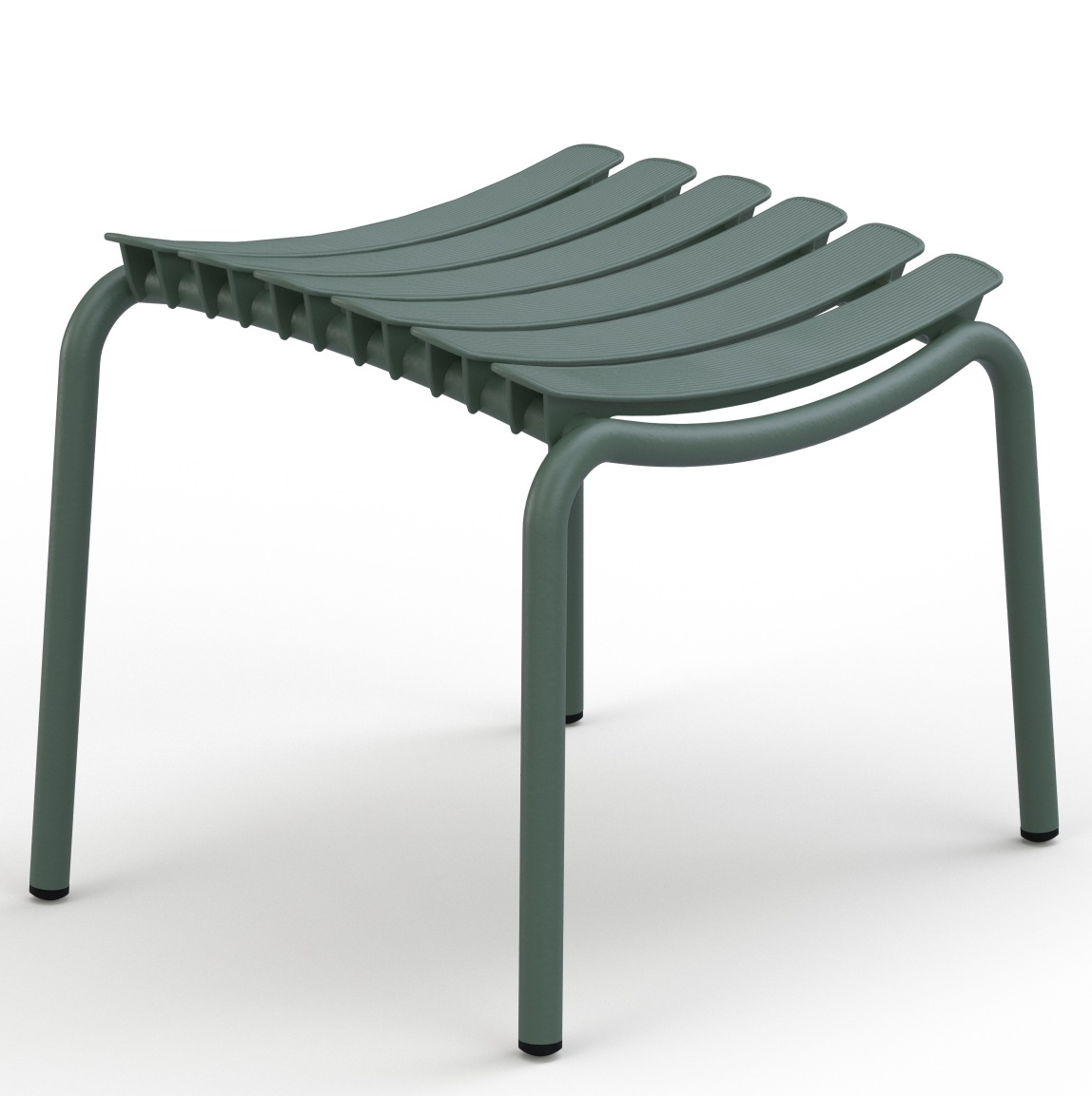 Grüner Reclips Hocker von Houe für den Außenbereich mit Lattenrost-Sitzfläche. Gartenmöbel für Terrasse.