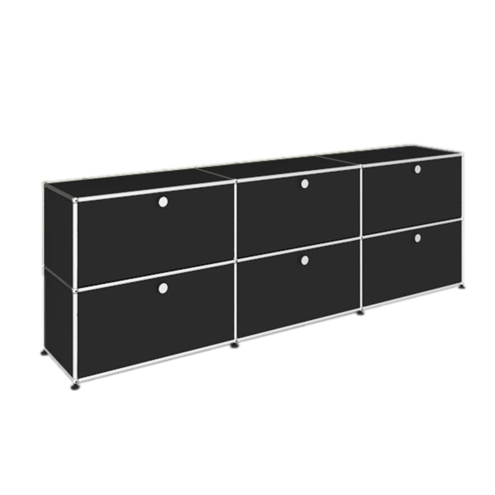 Schwarzes USM Haller Sideboard mit sechs Klapptüren und Beleuchtung, modernes Designmöbel.