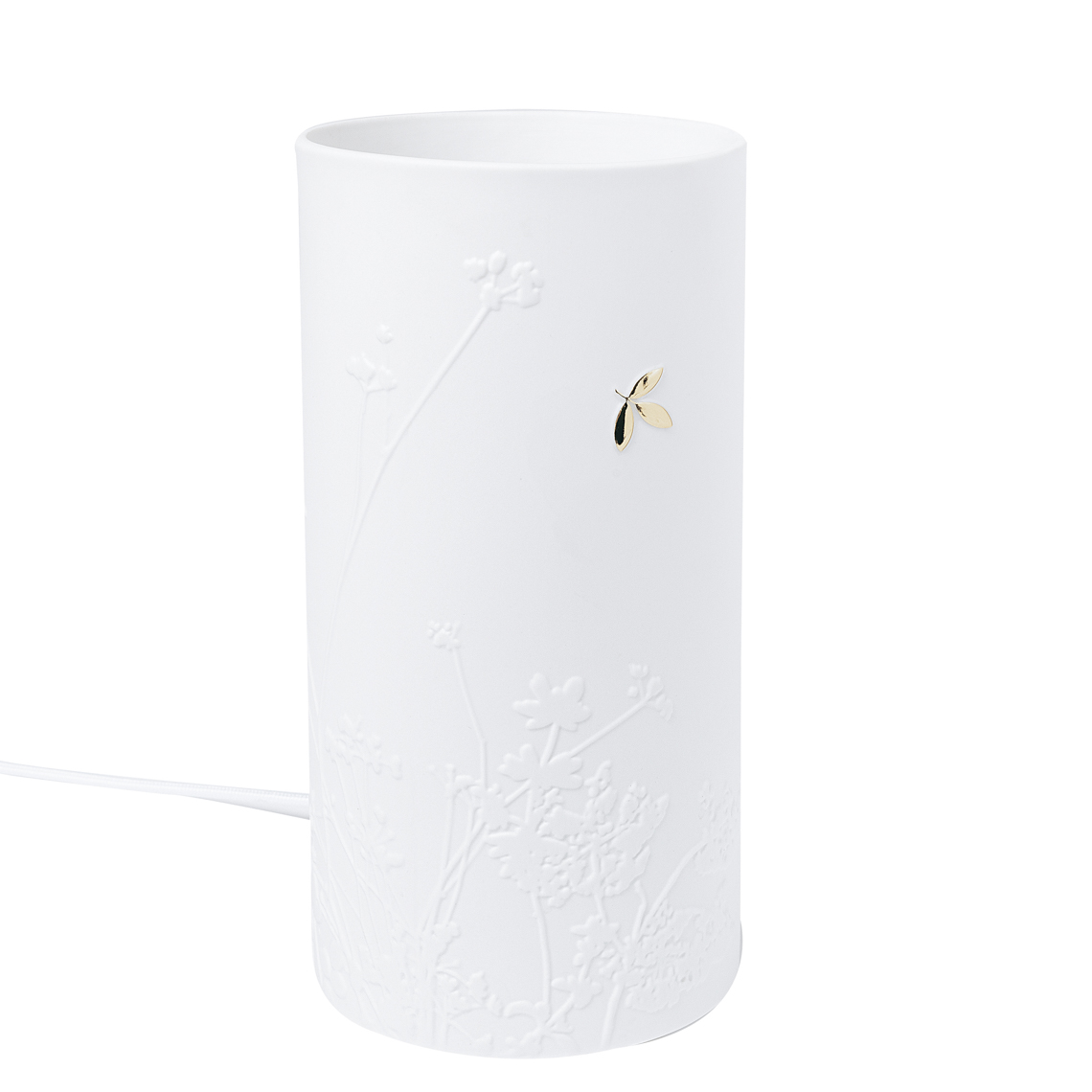 Weiße Porzellanleuchte von Räder mit floralem Muster und goldenem Blattdetail, stimmungsvolle Beleuchtung.