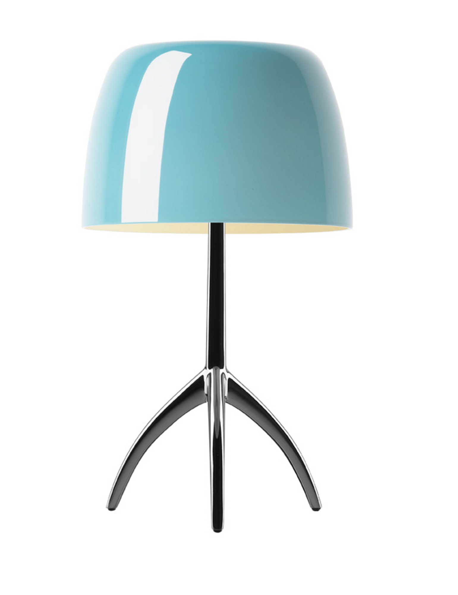 Lumiere Tischleuchte von Foscarini mit blauem Schirm und Chromfuß für modernes Wohnambiente.