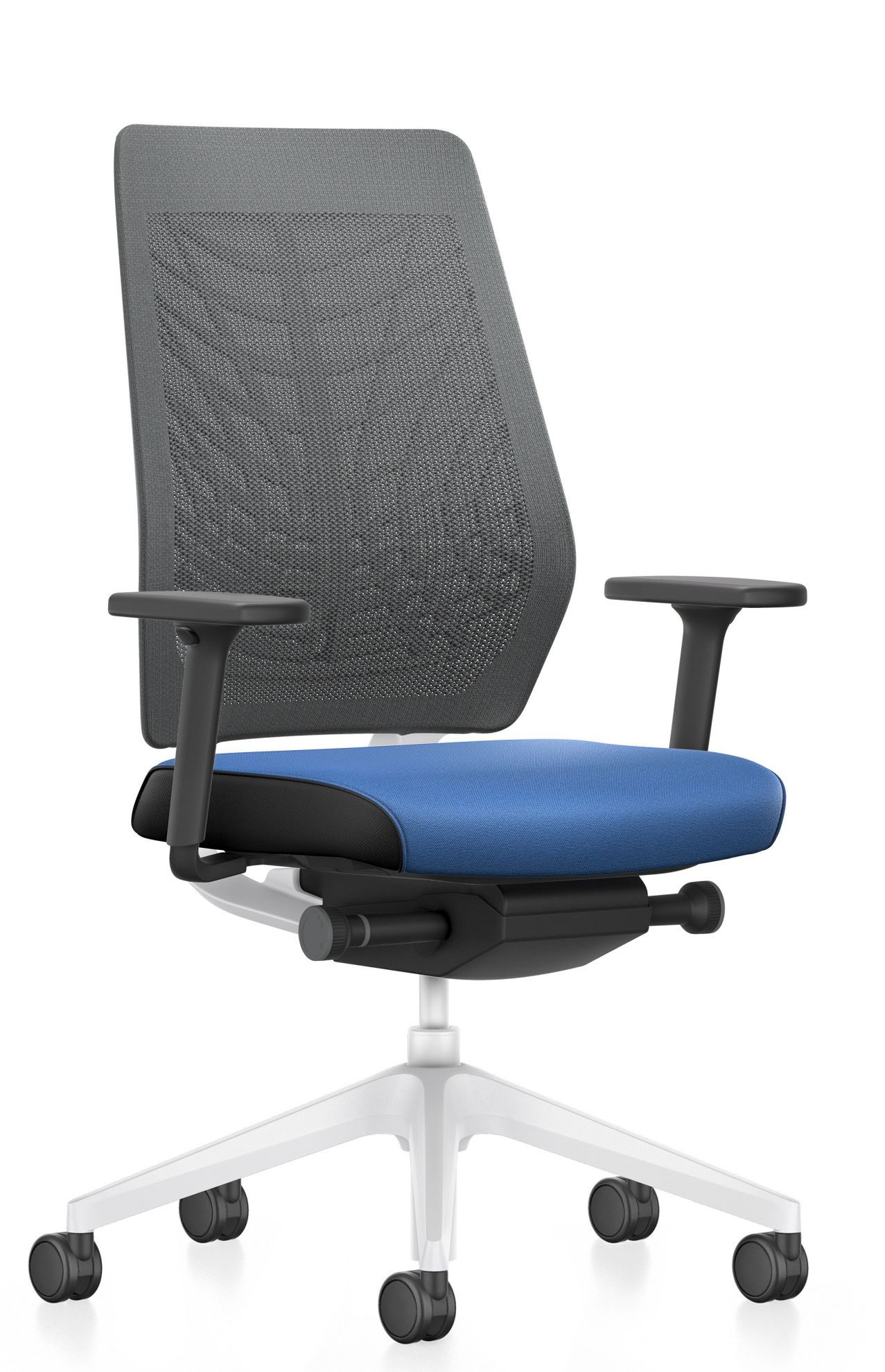 JOYCE IS3 Bürostuhl mit Netzrücken und blauer Sitzfläche von Interstuhl. Ergonomischer Drehstuhl für Büro.