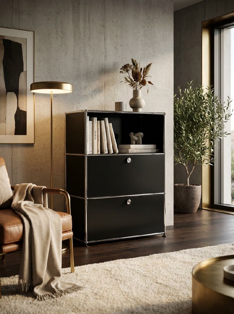 USM Haller Highboard mit 2 Klappen und 1 Fach offen-graphitschwarz