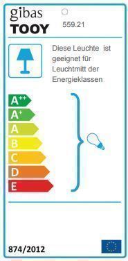 Energieeffizienzlabel der Tooy Excalibur Pendelleuchte, zeigt Energieklassen von A++ bis E.