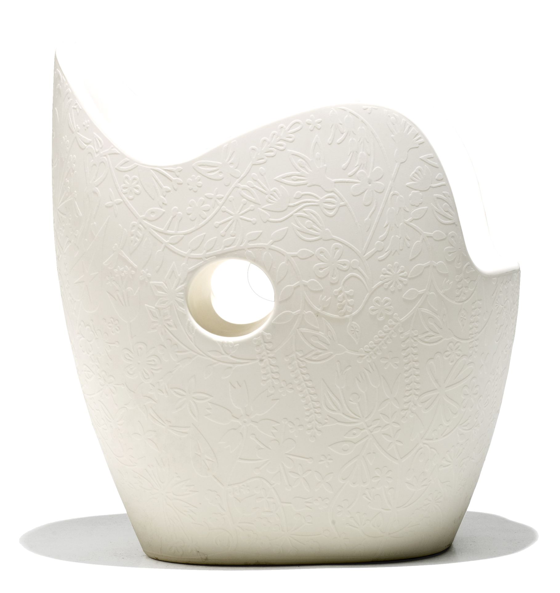 Weißer O-Nest Sessel von Moroso mit floralem Muster und seitlicher Öffnung. Designmöbel für Wohnzimmer.