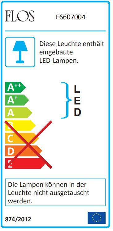 Energielabel der Flos Taccia LED Tischleuchte 2016 mit Energieeffizienzklasse A++ bis E.