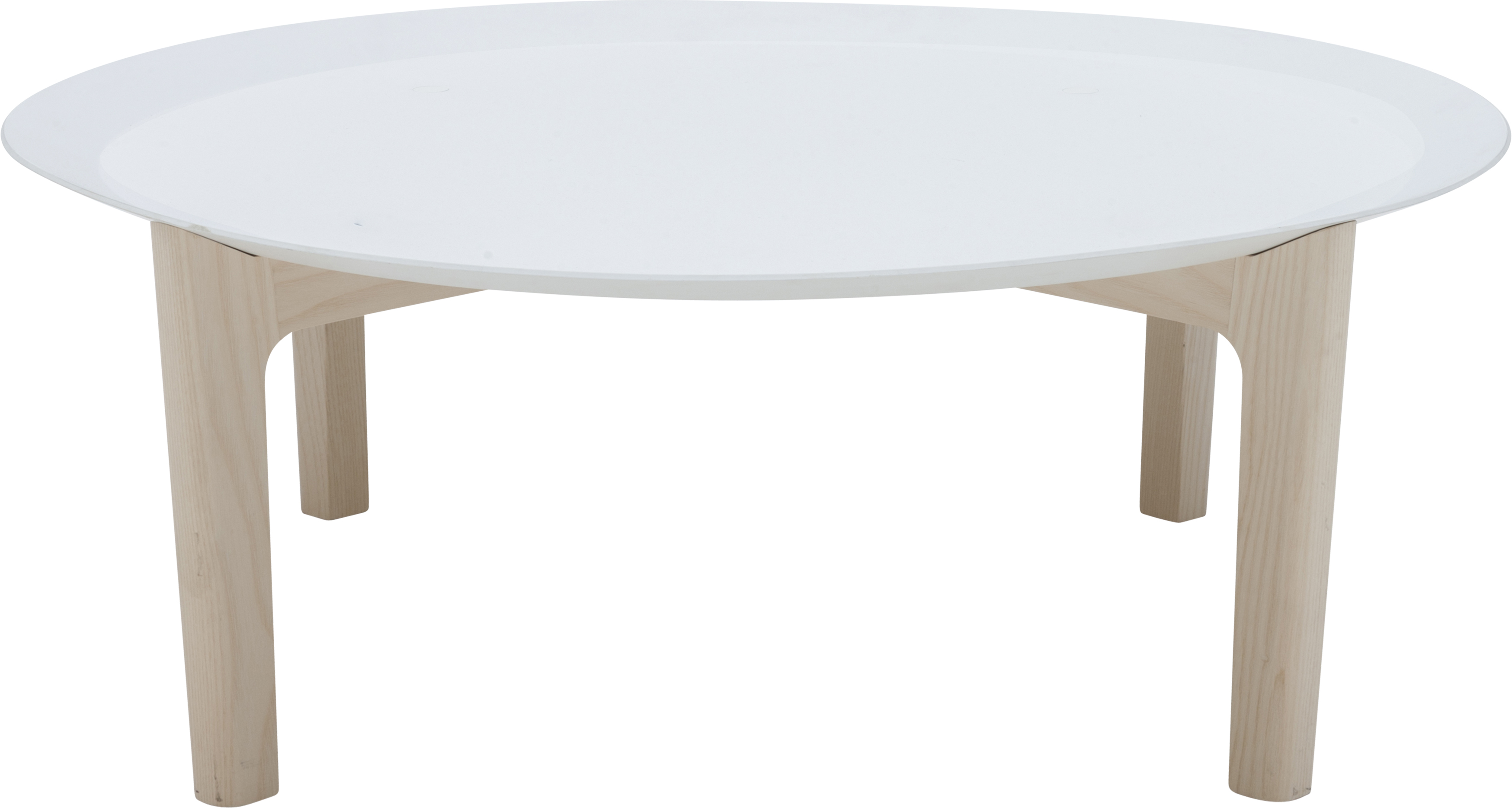 Tray Beistelltisch Softline: Runder, weißer Couchtisch mit Holzbeinen für Wohnzimmer und Lounge.