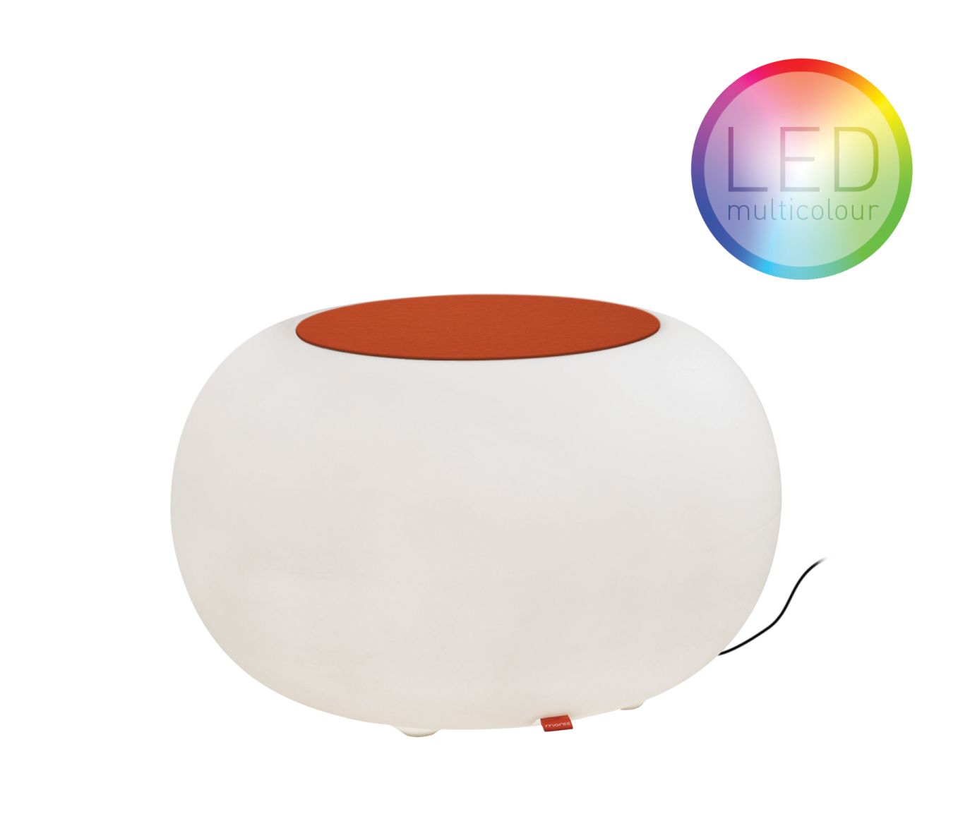 Moree Bubble LED Outdoor Beistelltisch mit orangem Sitzkissen, vielseitige Sitzgelegenheit und Lampe.