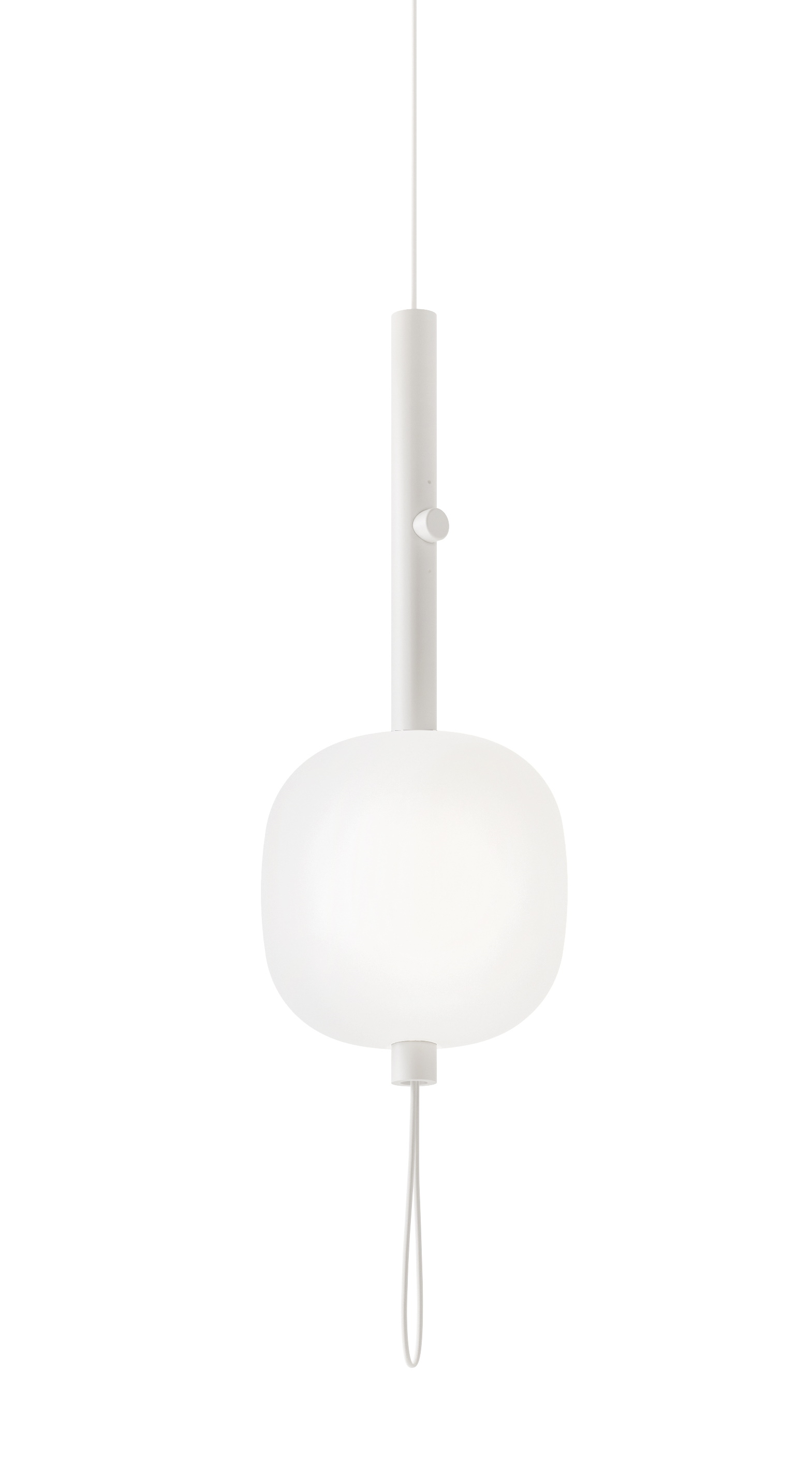 Weiße Motus Pendelleuchte von Kdln mit rundem Lampenschirm und minimalistischem Design.