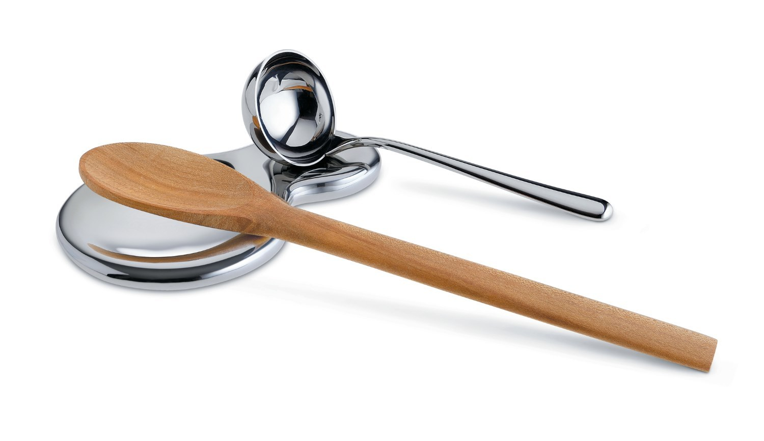 Alessi Löffelhalter VS03 T-1000 aus Edelstahl mit Holzlöffel und Schöpfkelle, Küchenhelfer für sauberes Kochen.